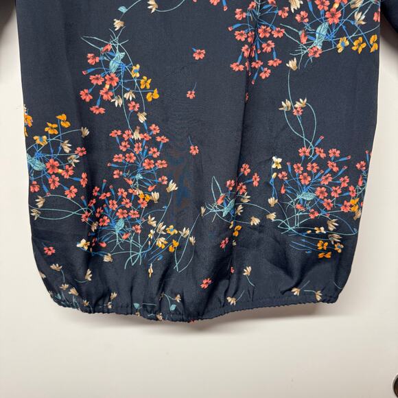 Zara Basic Womens Navy Blue Floral Puff Sleeve Crew Neck Blouse Size XS - Picture 4 of 9